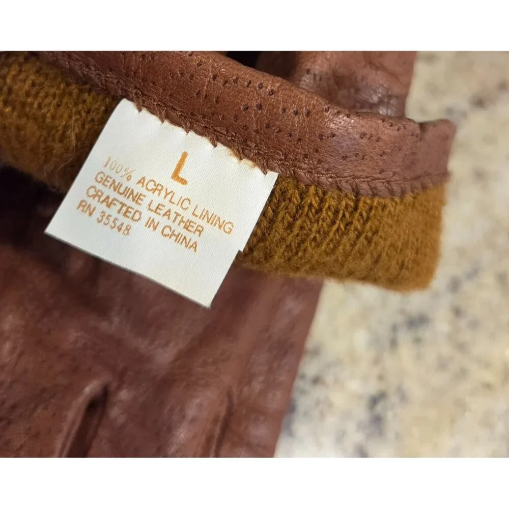 Vintage Womens Size L Brown Leather Knit Lined Gloves Perferated